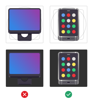 Illustration of why icons should not be dark near the edges, showing two similar device icons on dark and light backgrounds.